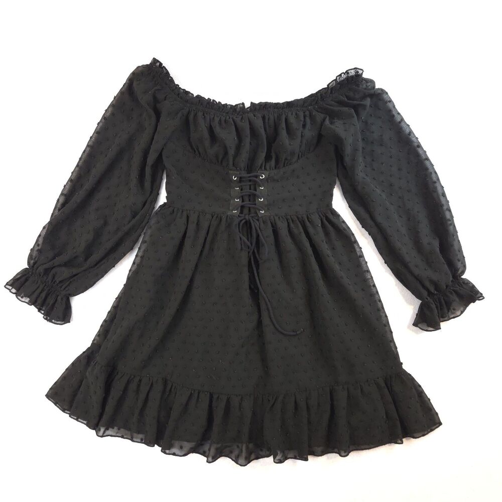 Whimsigoth Dark Coquette Corset Milkmaid Babydoll Dress Black XS Romantic